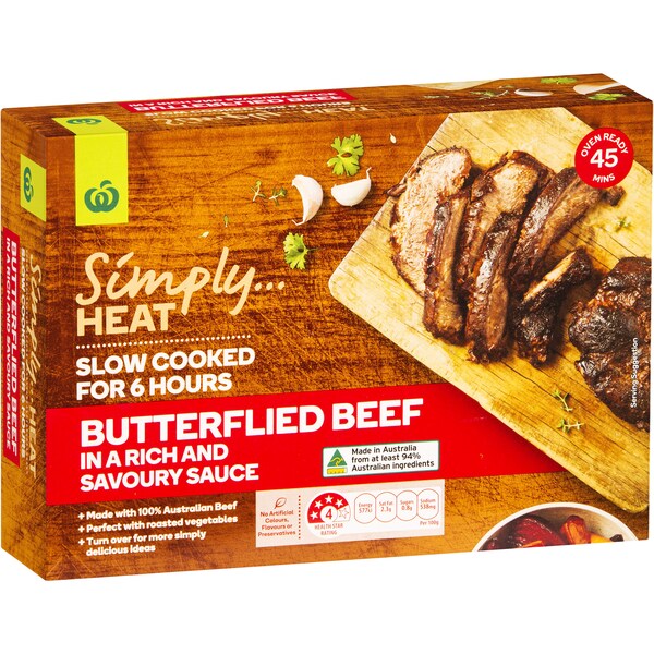 Woolworths Simply Heat Butterflied Beef In a Rich & Savoury Sauce 800g - 1.35kg