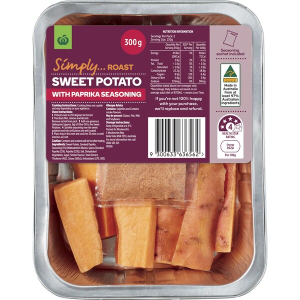Woolworths Simply Roast Sweet Potato Wedges Smoked Paprika Tray 300g