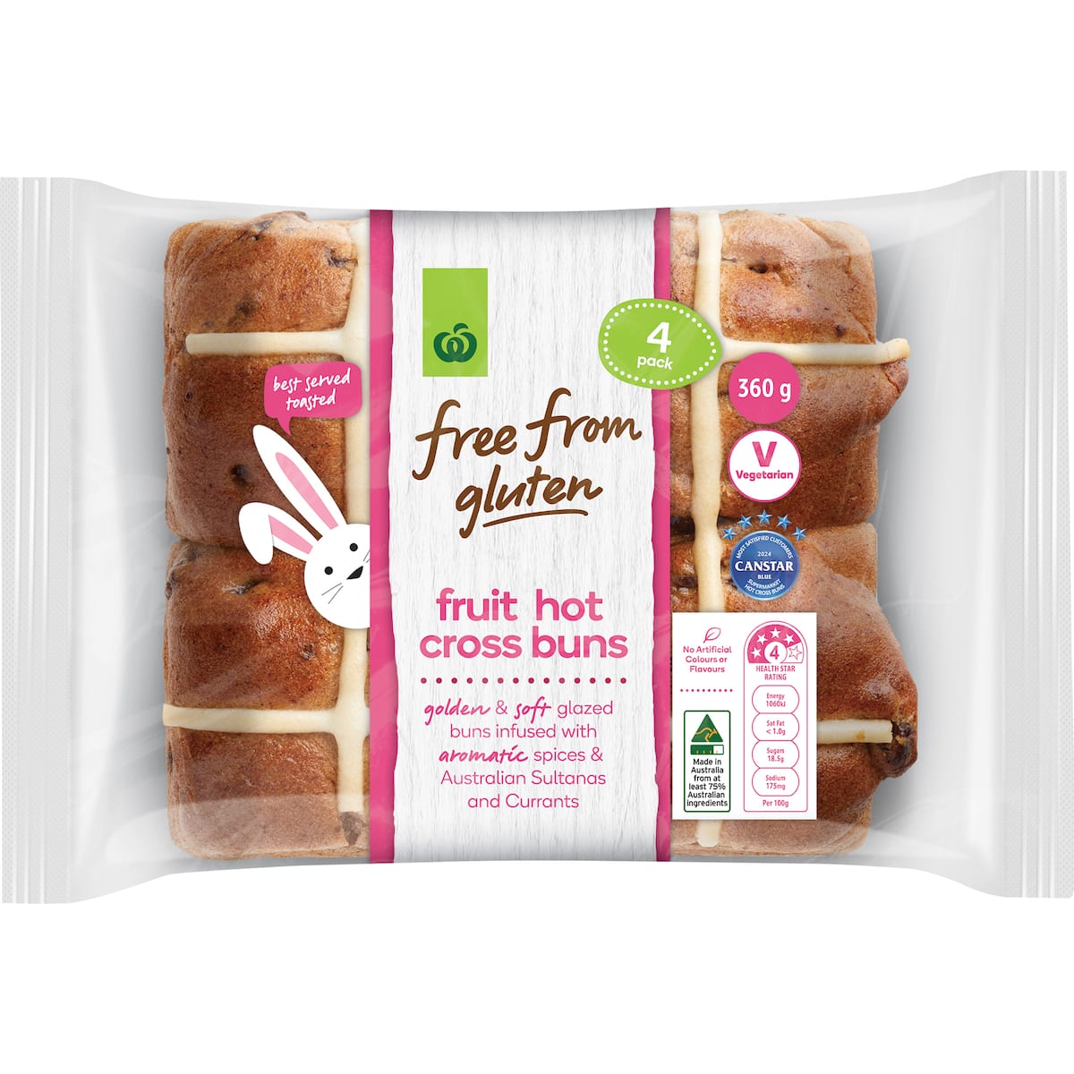 Woolworths Free From Gluten Fruit Hot Cross Buns 4 Pack bunch