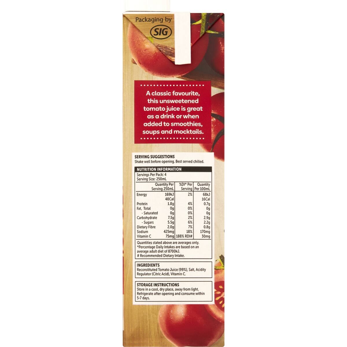 Woolworths No Added Sugar Tomato Juice 1l bunch