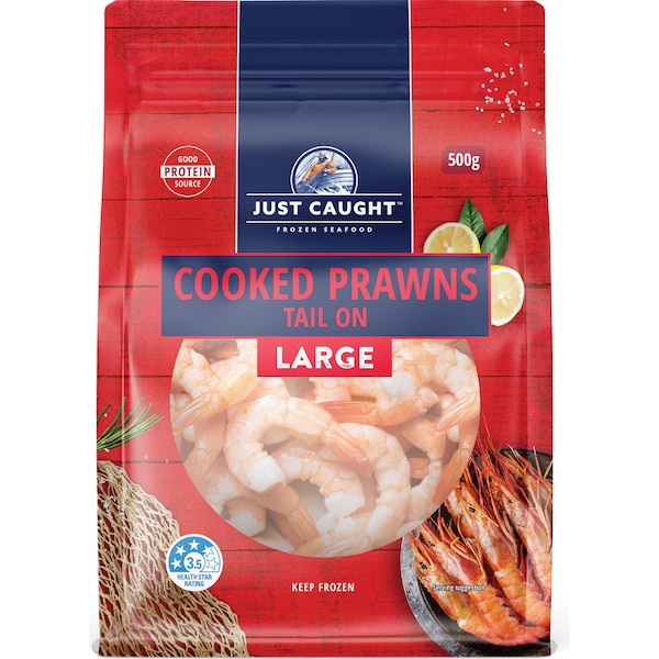 Just Caught Cooked Prawns Tails On Large 500g