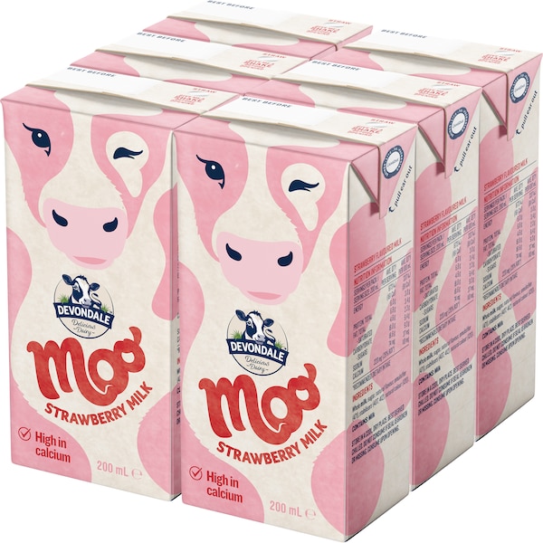 Devondale Moo Strawberry Long Life Milk Lunchbox Poppers 200mL x 6 pack
