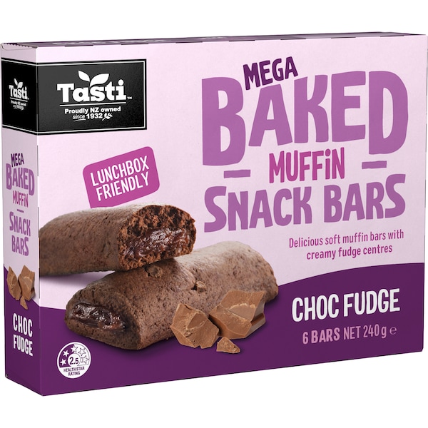 Tasti Mega Baked Muffin Snack Bars Choc Fudge 6 Pack 240g