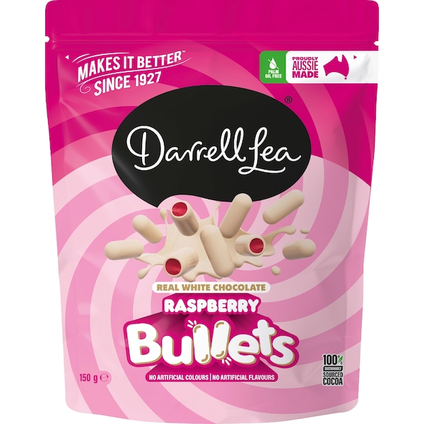 Darrell Lea Raspberry Bullets White Chocolate 150g