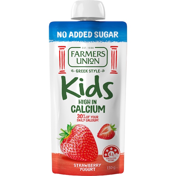 Farmers Union Greek Style Kids Yoghurt Pouch Strawberry No Added Sugar 130g