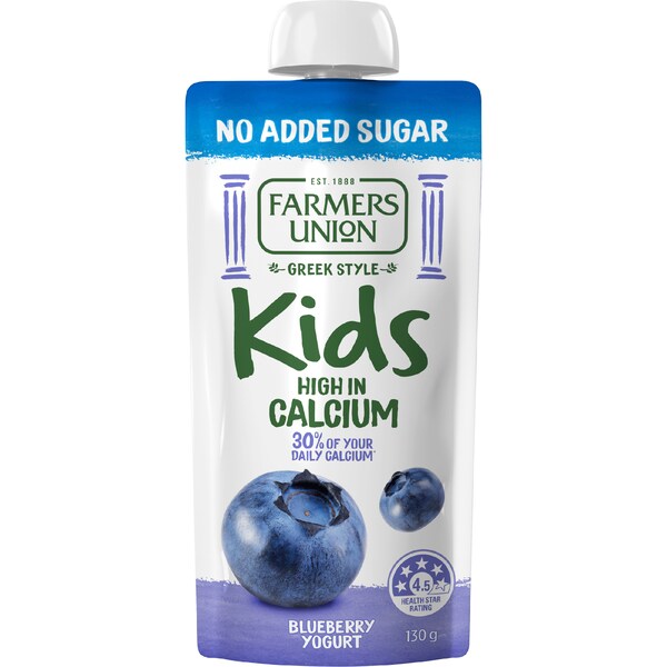 Farmers Union Greek Style Kids Yoghurt Pouch Blueberry No Added Sugar 130g