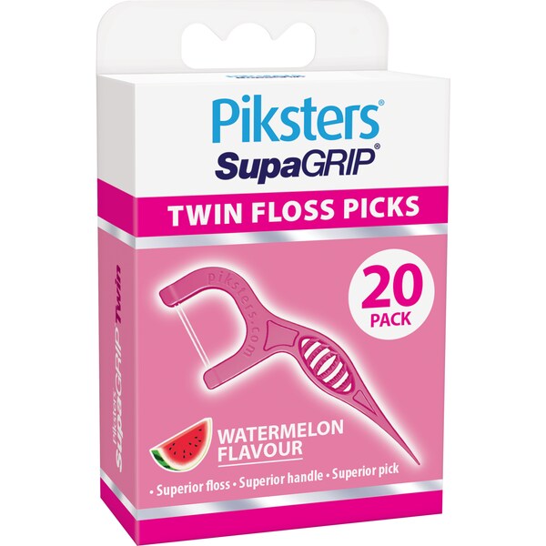 Piksters SupaGRIP Twin Floss Picks Watermelon Flavour 20 pack
