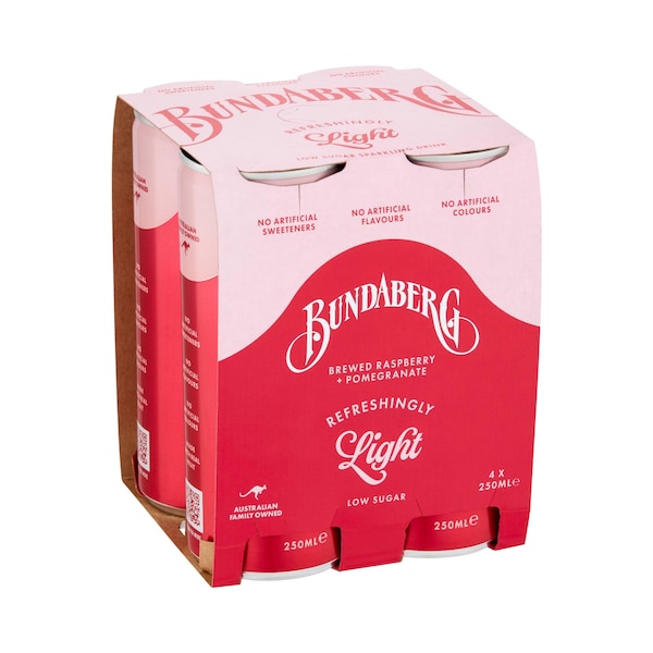 Bundaberg Refreshingly Light Sparkling Drink Pomegranate & Raspberry 250mL x 4 pack
