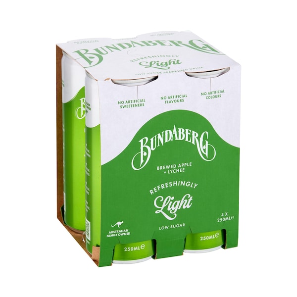 Bundaberg Refreshingly Light Sparkling Drink Apple & Lychee 250mL x 4 pack