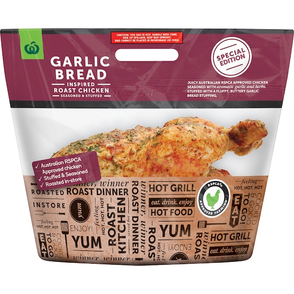 Woolworths Hot Garlic Bread Roast Chicken Whole each