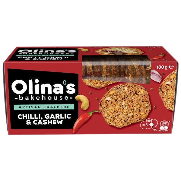 Olina's Bakehouse Artisan Crackers Biscuits Chilli Garlic & Cashew 100g