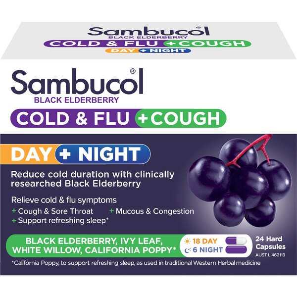 Sambucol Day & Night Cold & Flu & Cough Black Elderberry Capsules 24 pack