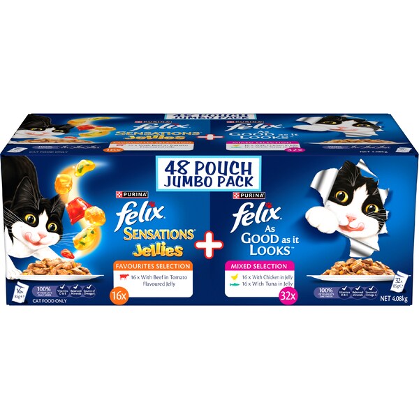 Felix Adult Sensational Jellies Mixed Selection Wet Cat Food 85g x 48 pack