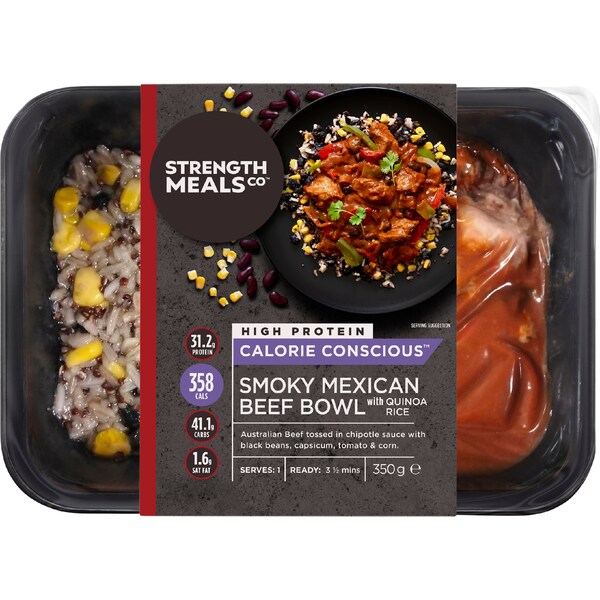 Strength Meals Co High Protein Smokey Mexican Beef Bowl With Quinoa Rice 350g