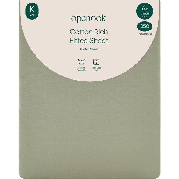 Openook 250TC Cotton Rich Fitted Sheet King Bed Green each