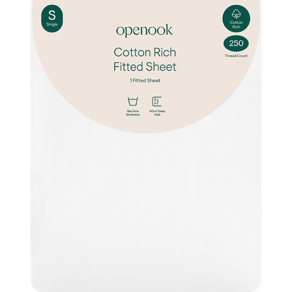 Openook 250TC Cotton Rich Fitted Sheet Single Bed White each