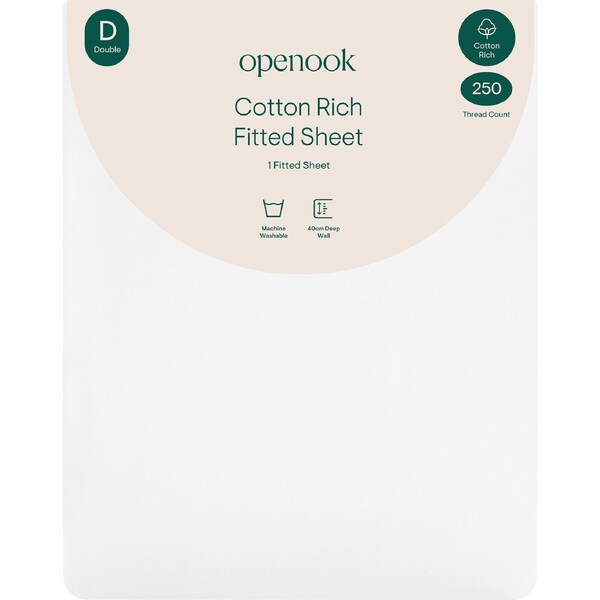 Openook 250TC Cotton Rich Fitted Sheet Double Bed White each