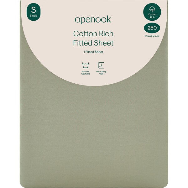 Openook 250TC Cotton Rich Fitted Sheet Single Bed Green each