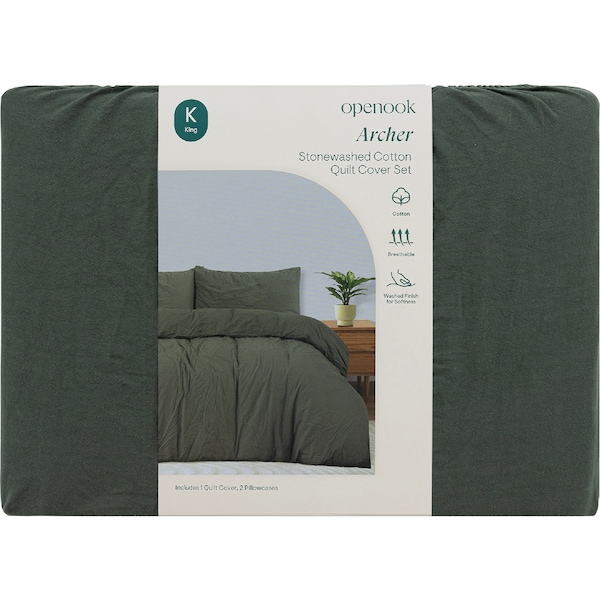 Openook Archer Cotton Quilt Cover Set King Bed Green each