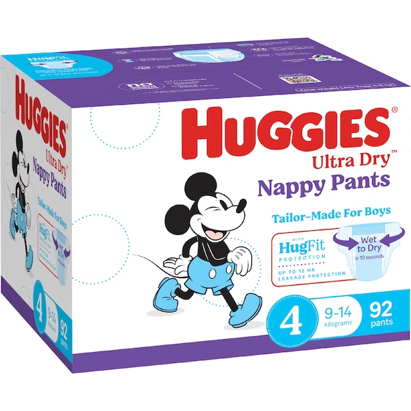 Huggies Ultra Dry Mega Nappy Pants For Boys Size 4 92 pack