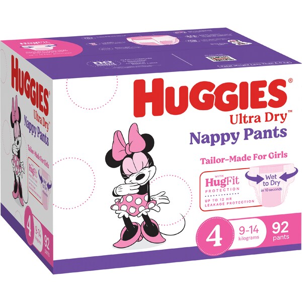 Huggies Ultra Dry Mega Nappy Pants For Girls Size 4 92 pack