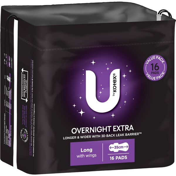 U by Kotex Overnight Extra Pads Long With Wings 16 pack