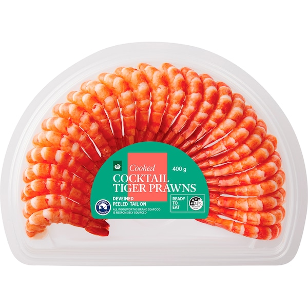 Woolworths Cooked Cocktail Tiger Prawns Tail On 400g