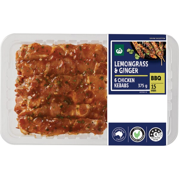 Woolworths 6 Chicken Kebabs Lemongrass & Ginger 375g
