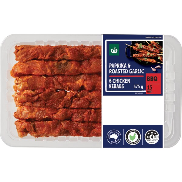 Woolworths 6 Chicken Kebabs Paprika & Roasted Garlic 375g