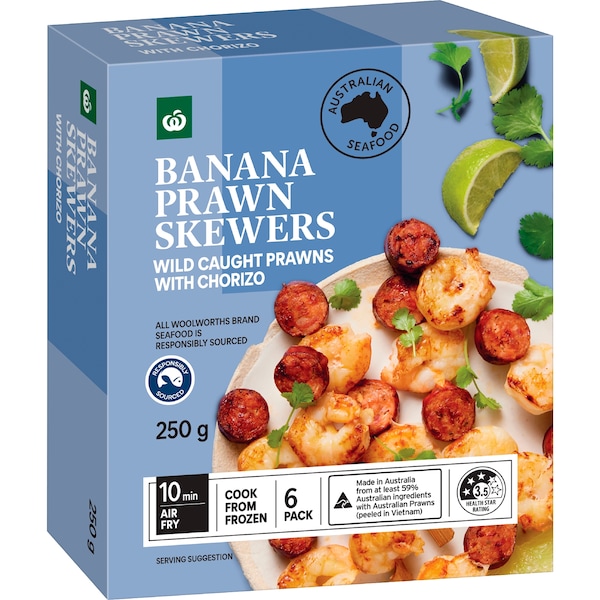 Woolworths Banana Prawn Skewers With Chorizo 250g