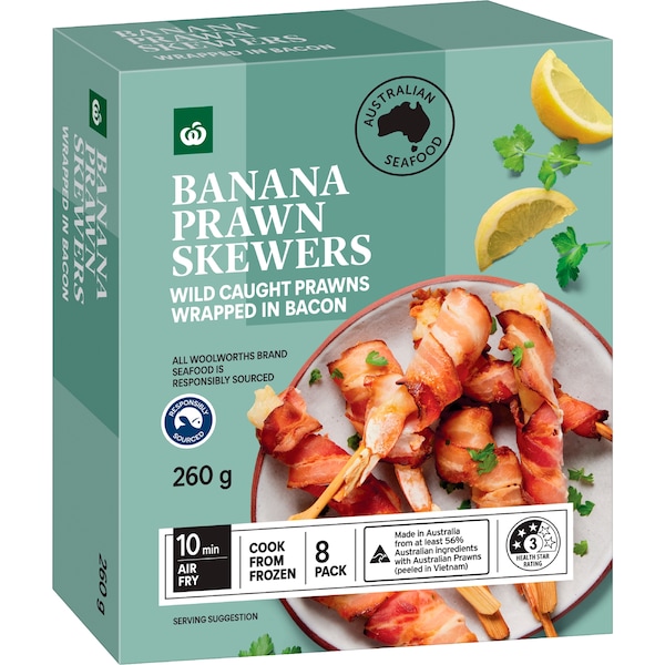 Woolworths Banana Prawn Skewers Bacon Wrapped 260g