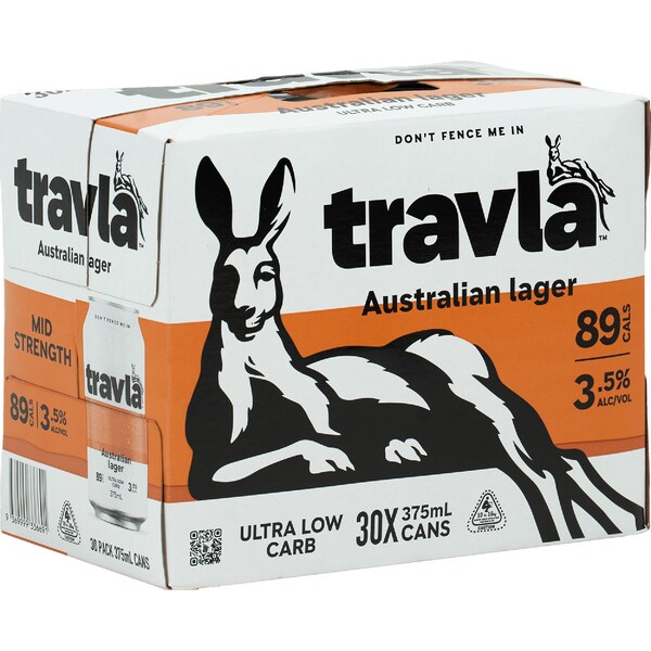 Travla Mid Strength Lager Cans 375mL x 30 pack
