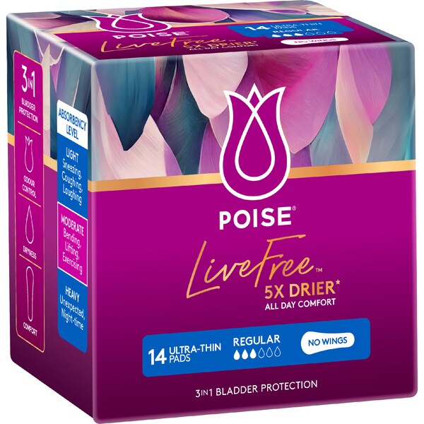 Poise LiveFree Ultrathin Pads Regular No Wings 14 pack