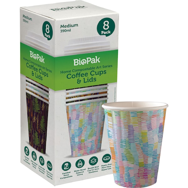 BioPak Art Series Double Wall Coffee Cups & Lids 390mL 8 pack