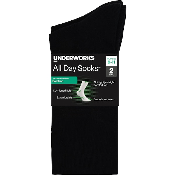 Underworks Womens All Day Bamboo Crew Socks Black Size 9-11 2 pack