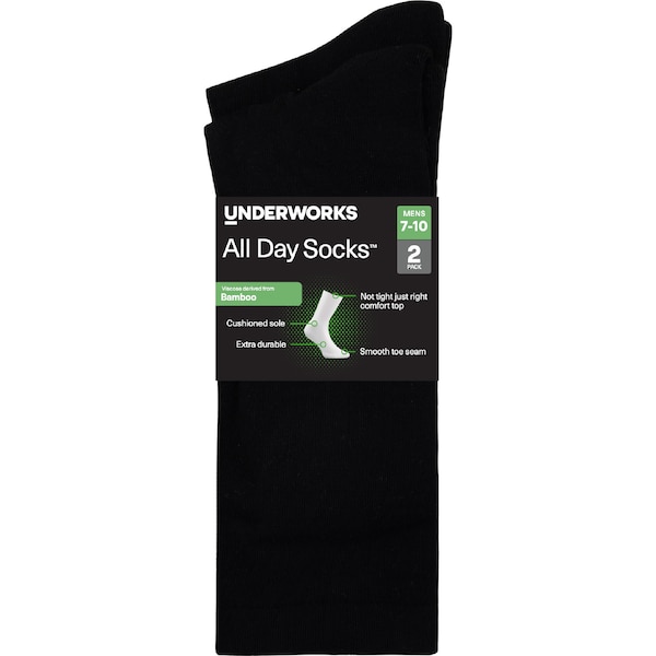 Underworks Mens All Day Bamboo Crew Socks Black Size 7-10 2 pack