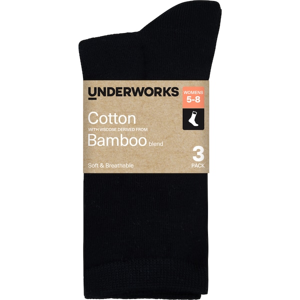 Underworks Womens Cotton Bamboo Socks Black Size 5-8 3 pack
