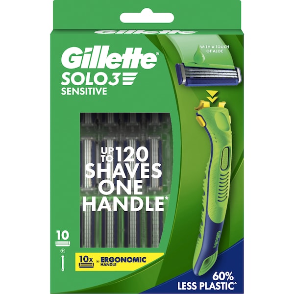 Gillette Solo3 Sensitive Handle & 10 Razor Blades each