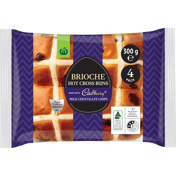 Woolworths Easter Brioche Cadbury Hot Cross Buns 4 pack