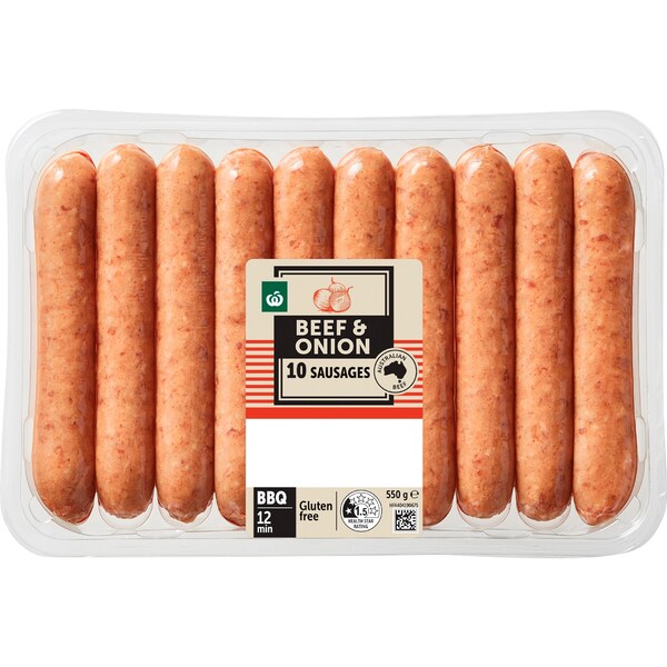 Woolworths 10 Thin Beef & Onion Sausages 550g