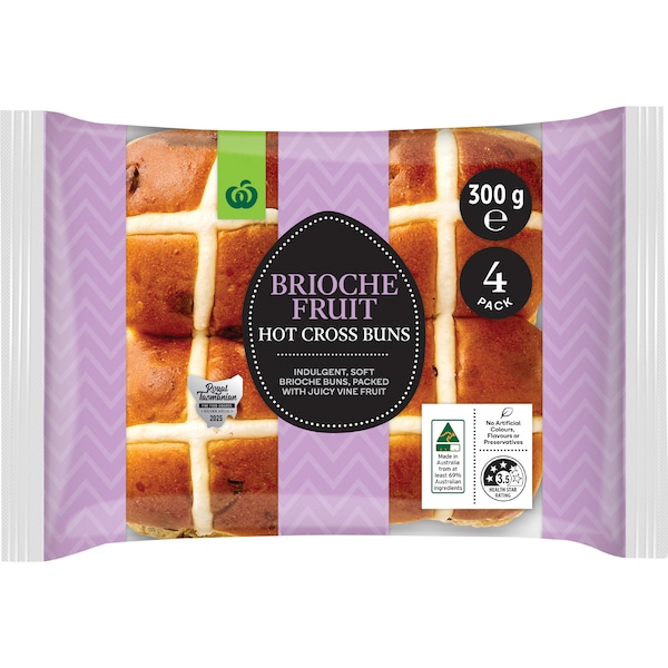 Woolworths Easter Brioche Fruit Hot Cross Buns 4 pack
