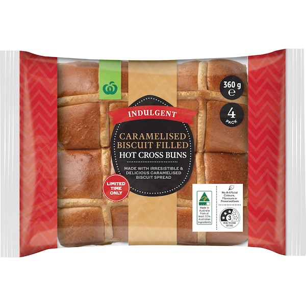 Woolworths Easter Caramelised Biscuit Filled Hot Cross Buns 4 pack
