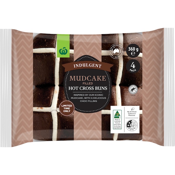 Woolworths Indulgent Mudcake Filled Hot Cross Buns 4 pack