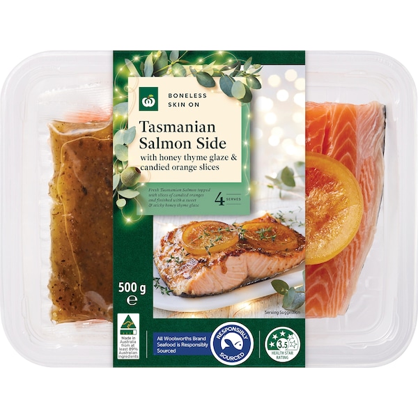 Woolworths Tasmanian Salmon Side With Honey Thyme Glaze & Orange 500g