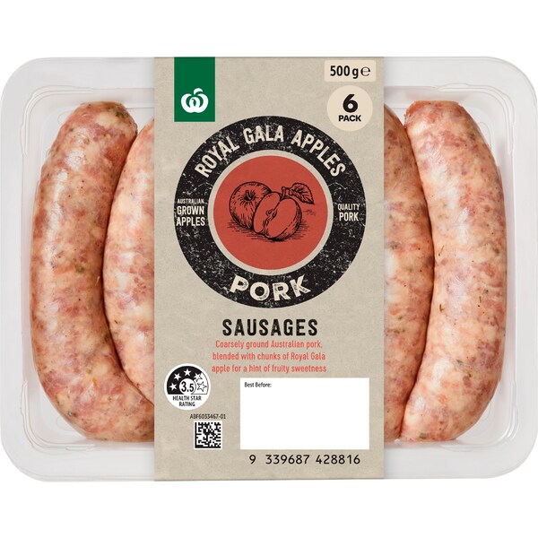 Woolworths 6 Gourmet Pork Sausages Royal Gala Apples 500g