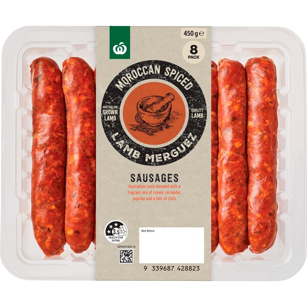 Woolworths 8 Gourmet Sausages Spiced Moroccan Lamb Merguez 450g