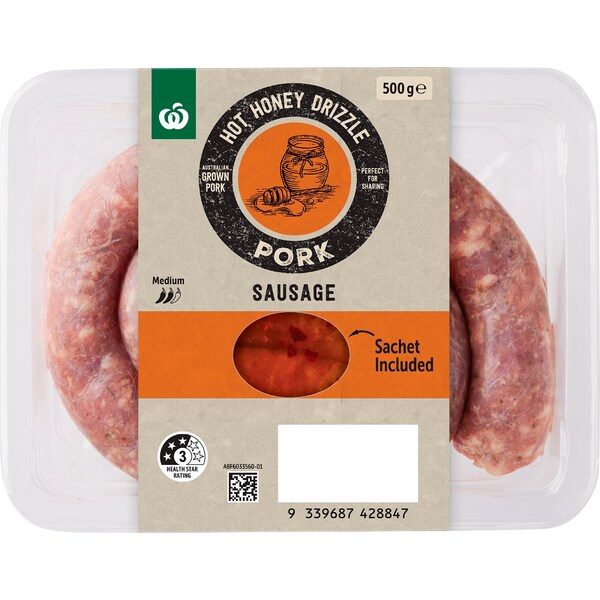 Woolworths Gourmet Pork Sausage Hot Honey Drizzle 500g