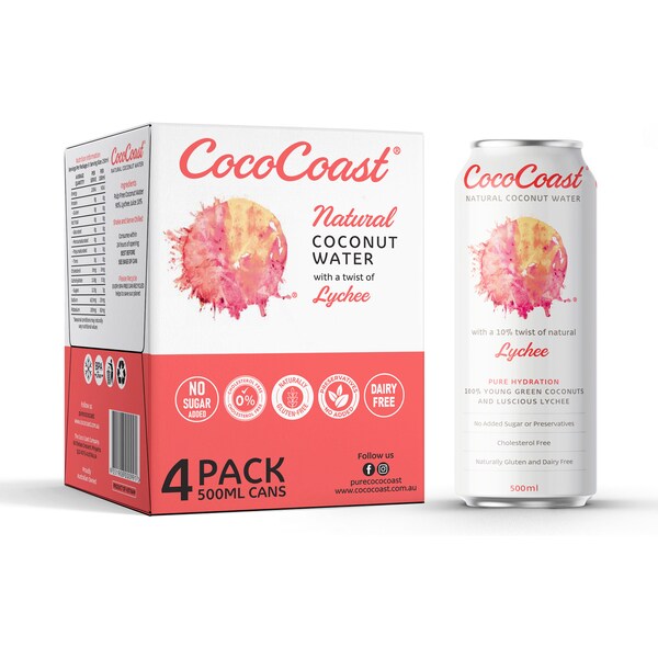 Cococoast Natural Coconut Water Lychee 500mL x 4 pack