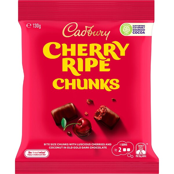 Cadbury Cherry Ripe Chunks Chocolate Snack & Share Bag 130g
