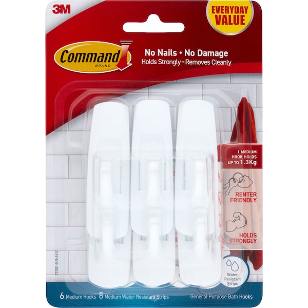 Command Everyday Value&nbsp;Bathroom Hooks Medium 6 pack